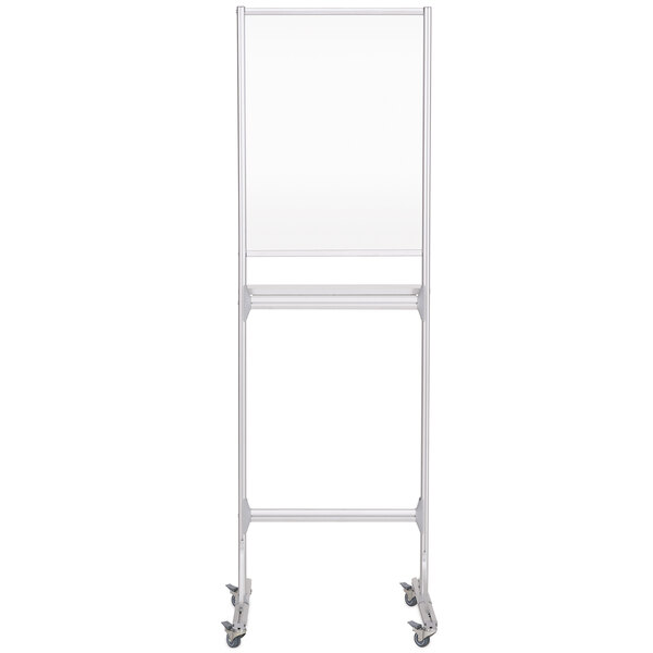 A white MasterVision standing desk with wheels.