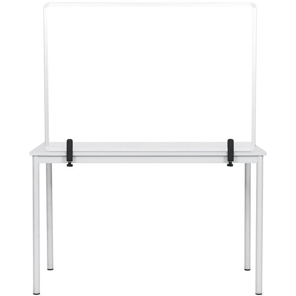 A MasterVision glass safety shield with clamps on a white surface.