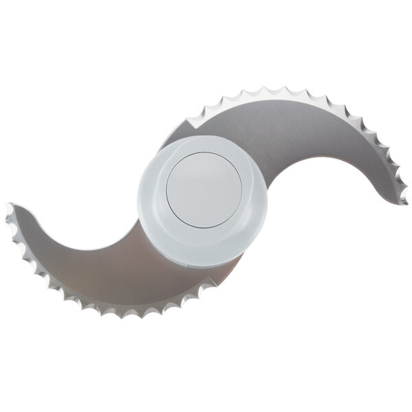 A metal blade with a white handle.