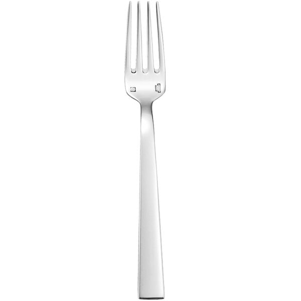 A silver fork with a white background.