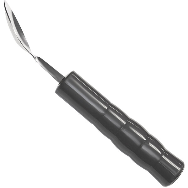 A close-up of a black Richardson Products Inc. weighted adaptive teaspoon with a black handle.