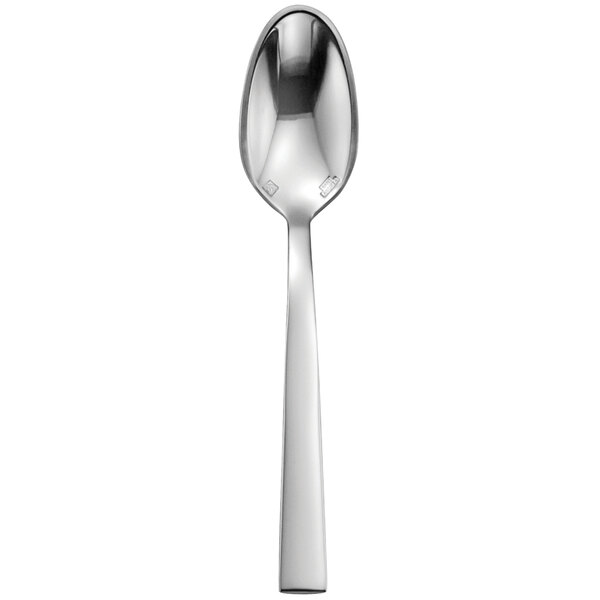 A close-up of a Sant'Andrea Elevation stainless steel demitasse spoon with a silver handle.