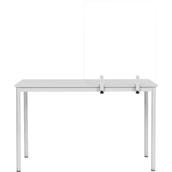 A white table with a MasterVision glass safety shield on metal clamps.