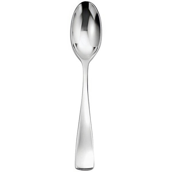 A Sant'Andrea Reflections 18/10 stainless steel dessert spoon with a long handle.