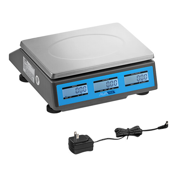 A digital price computing scale with a stainless steel platform and an included power adapter.