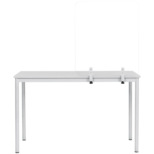 A white table with a MasterVision glass safety shield on a white metal frame.