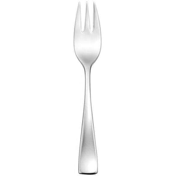 A silver fork with a white handle.