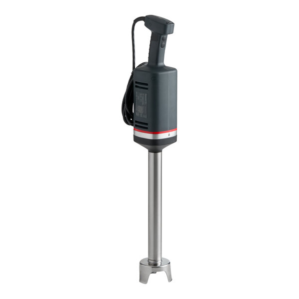 A heavy-duty 16-inch variable speed immersion blender with a black handle and stainless steel shaft.