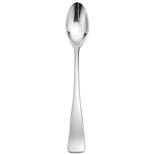 A silver spoon with a black handle.