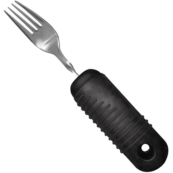 An 8" fork with a black plastic handle.