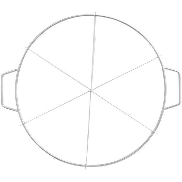 A circular stainless steel frame with six metal bars and handles.
