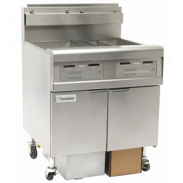 A large stainless steel Frymaster gas floor fryer with two split frypots.