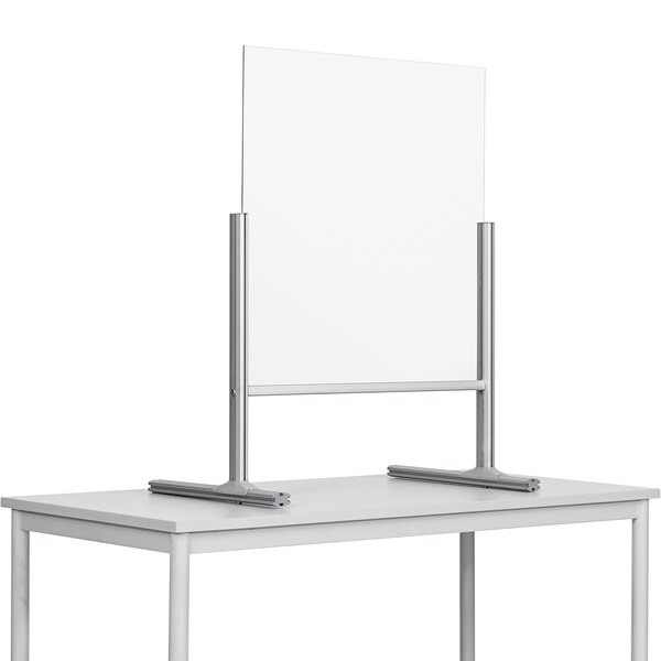 A white MasterVision glass free-standing register shield on a metal frame.
