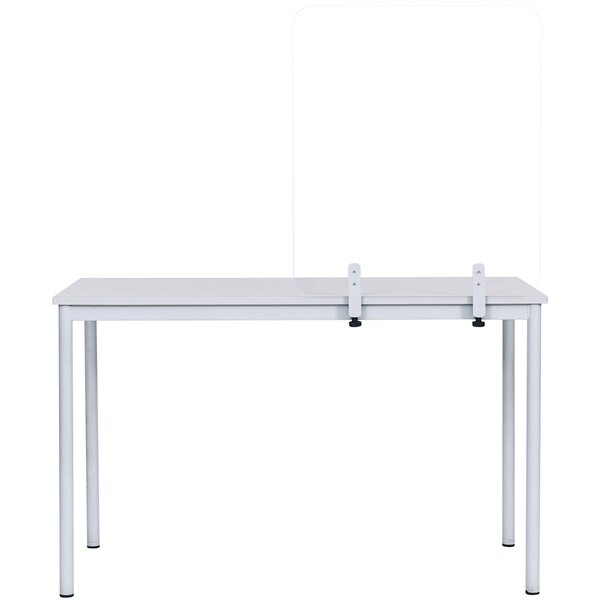 A white table with a MasterVision glass safety shield on a white metal frame.