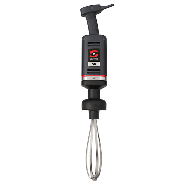 A black and silver Sammic heavy-duty hand mixer with a red and black round button.