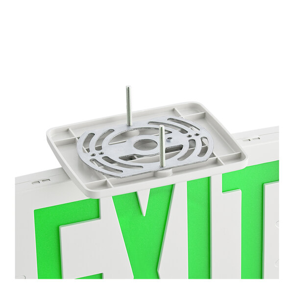 A white and green CLS Slim LED exit sign with a metal plate and screws.