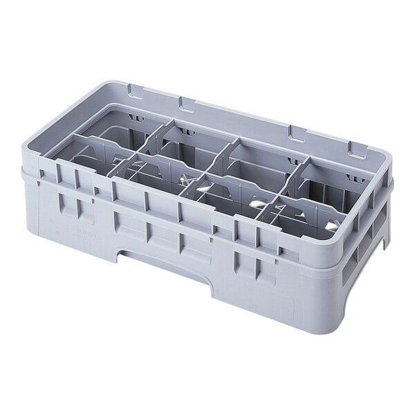 A grey plastic Cambro cup rack with 8 compartments.