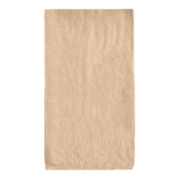 A natural kraft 2-ply dinner napkin measuring 15 by 17 inches.