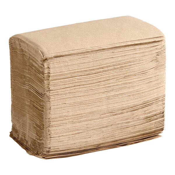 A stack of natural kraft 2-ply dinner napkins measuring 15 by 17 inches.