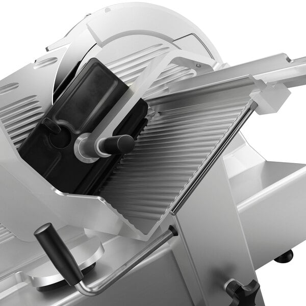 A Bizerba heavy-duty meat slicer machine with a blade on it.