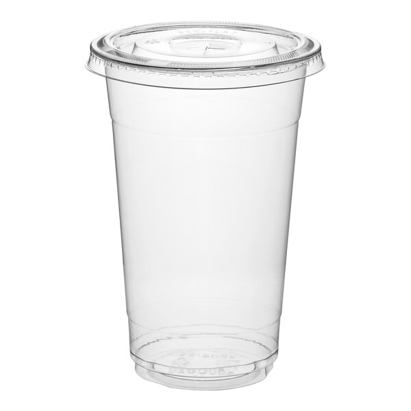 A clear plastic cup with a flat, transparent lid.