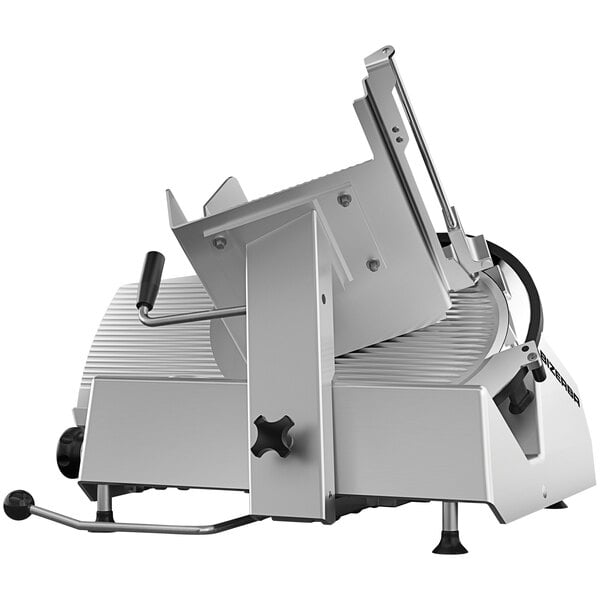 A white Bizerba manual gravity feed meat slicer with a handle.