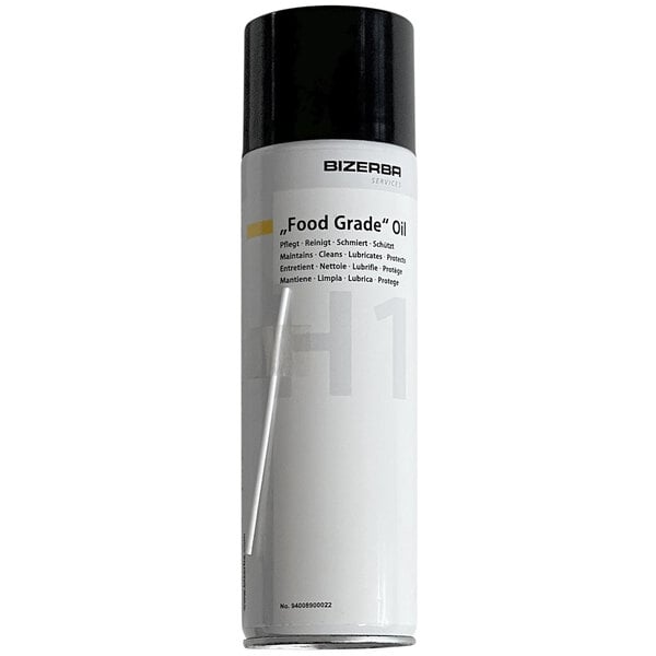 A white can of Bizerba food grade aerosol machine oil spray with a white label.