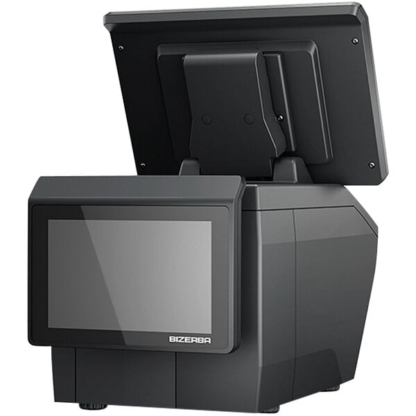 A black Bizerba XC Series PC Receipt and Scale Label Printer with a grey screen on a counter.