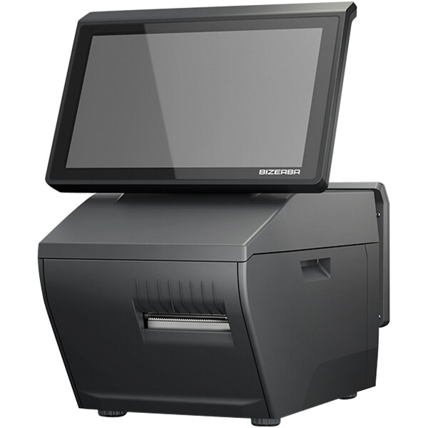 A black Bizerba XC 300 PRO PC receipt and scale label printer with a screen.
