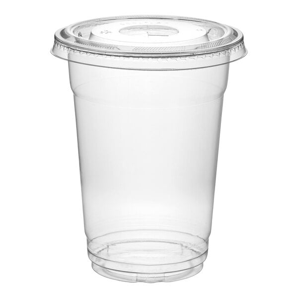 A clear plastic cup with a flat, transparent lid.
