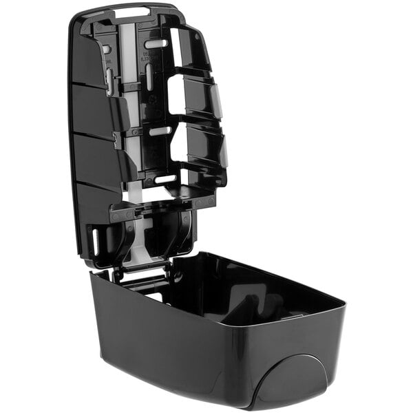 A black plastic Noble Chemical hand soap dispenser with a lid open.