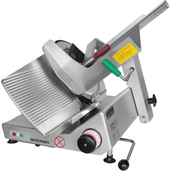 A Bizerba manual meat slicer with a handle and a blade.