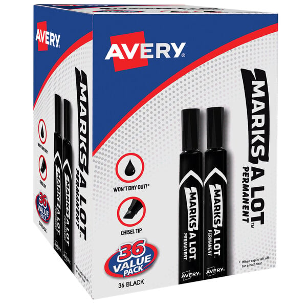 A box of 36 Avery Marks-A-Lot black desk style permanent markers.