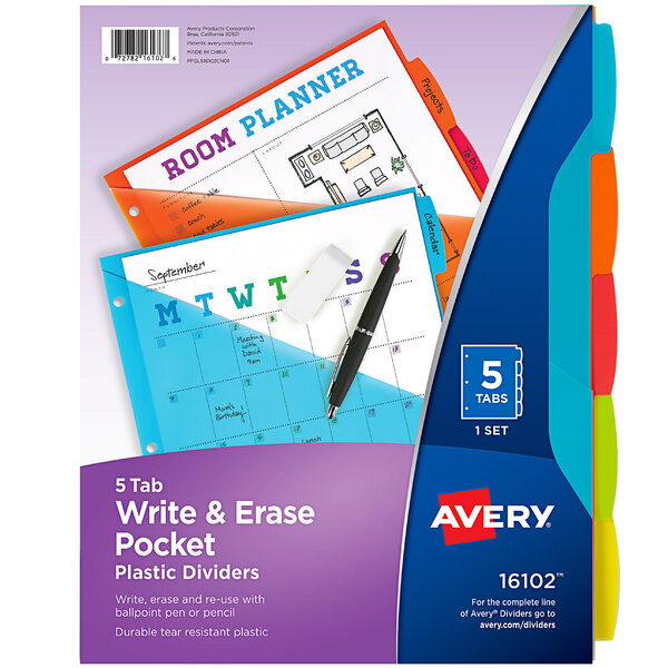 A package of Avery Write & Erase plastic dividers with a white and black binder.