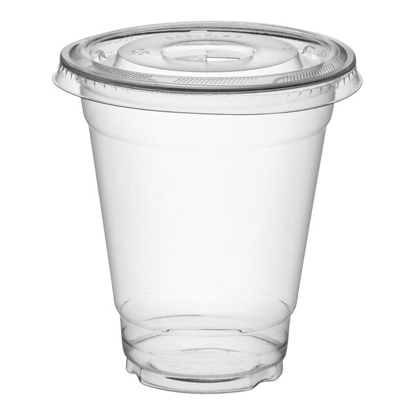 A clear plastic cup with a flat, transparent lid.