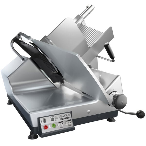 A Bizerba heavy-duty automatic gravity feed meat slicer with a metal blade.