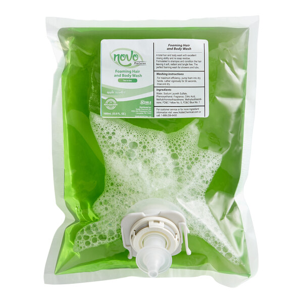 A refill pouch of Novo foaming hair and body wash with moisturizers.
