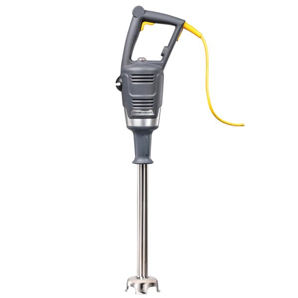 A grey and yellow Hamilton Beach BigRig hand held immersion blender.