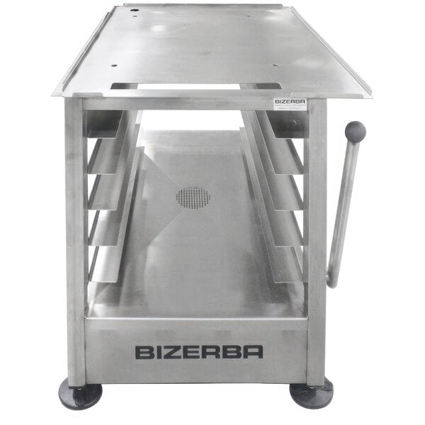 A stainless steel mobile table for a Bizerba Slicer with wheels and a metal tray.