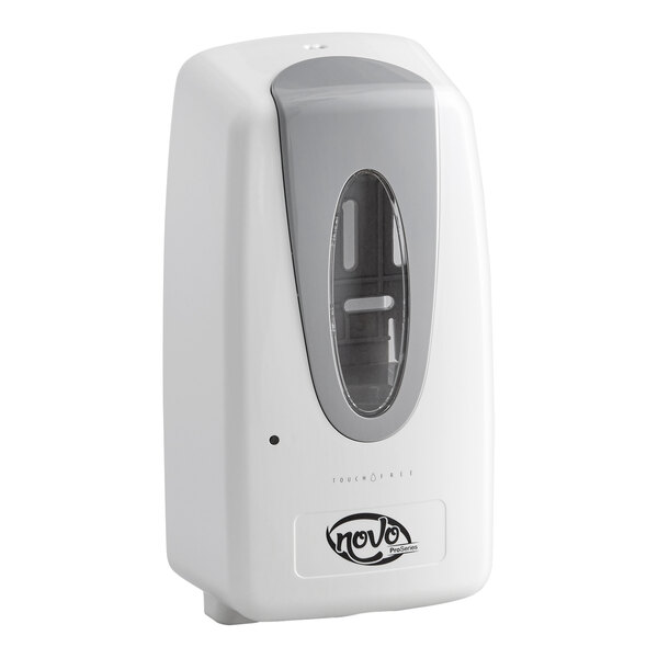 A white touch-free automatic foam hand soap or sanitizer dispenser with a gray accent and a transparent window on the front.