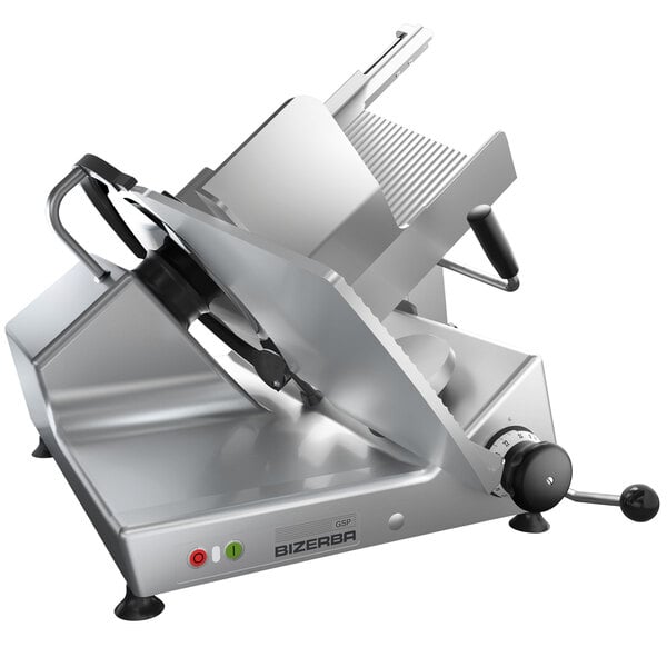 A Bizerba manual meat slicer with a metal blade.