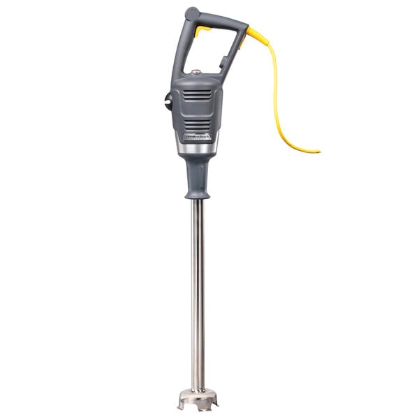 The metal handle of a Hamilton Beach BigRig immersion blender with a yellow grip.