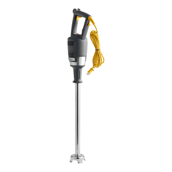 A close up of a Hamilton Beach BigRig immersion blender with a yellow cable.