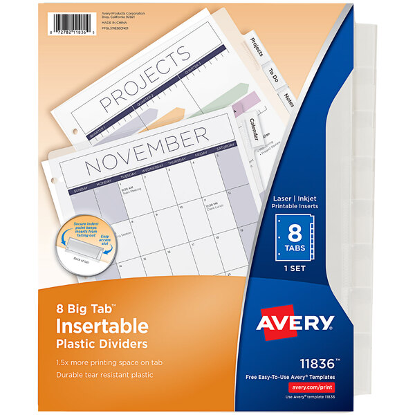 A package of Avery clear plastic dividers with a blue and white label.