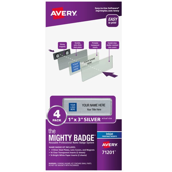 A package of 4 white Avery Mighty Badge reusable name badges.