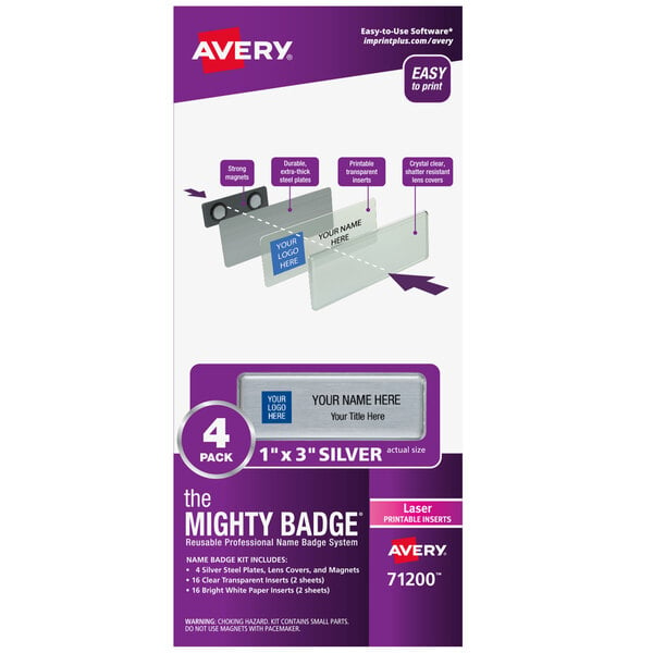 An Avery Mighty Badge package with a purple label.