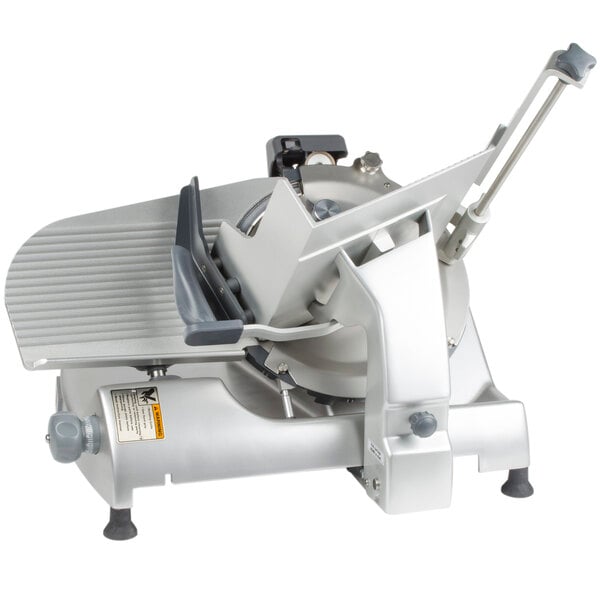 A Hobart meat slicer with a metal blade.