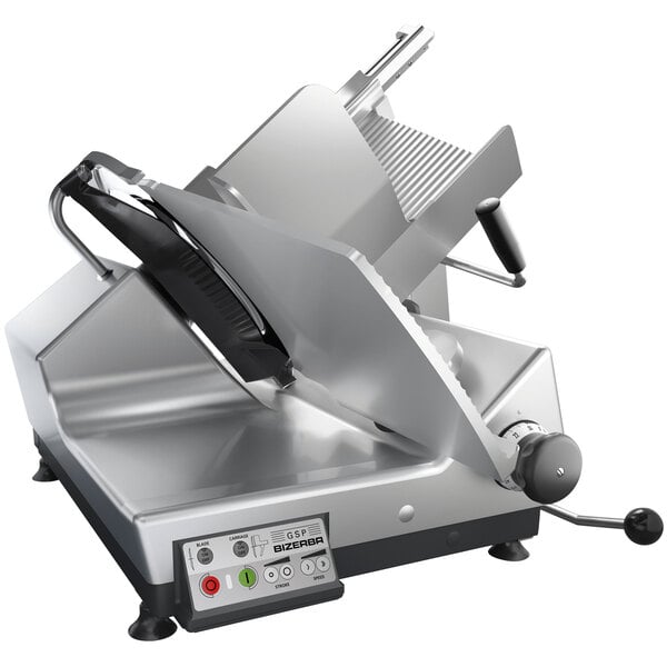 A Bizerba heavy-duty meat slicer with a metal blade.