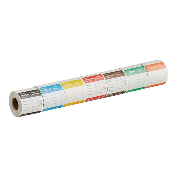 A roll of dissolvable day of the week labels, each labeled with a different day and color-coded.