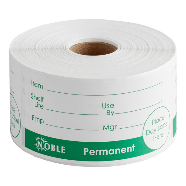 A roll of Noble Products 2" x 4" permanent green universal day of the week labels with spaces for item, shelf life, employee, use by, and manager information.
